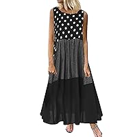 2024 Dresses Women Summer Casual Linen Flowy Sundress Polka Patchwork Maxi Dress Boho Sleeveless Vintage Beach Dress