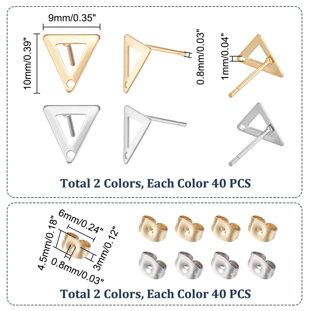 UNICRAFTALE 80Pcs 2 Colors Triangle Stud Earring Findings Stainless Steel Earring Post Geometry DIY Earring Accessories Metal Earring Components for DIY Jewellery Making
