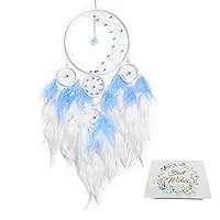 White Blue Dream Catcher Moon, Feather Dream Catchers for Bedroom Wall Decor Handmade Moon Decorations for Walls