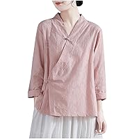 Women's Wrap V Neck Cotton Linen Blouse Summer Vintage Chinese Frog Button Tunic Shirts Casual Loose Long Sleeve Top