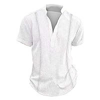 Men's Henley Short Sleeve Shirt Beach Cotton Linen Summer Casual V Neck Hippie T Shirts Solid Breathable Tunic Tops