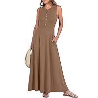 ANRABESS Women Summer Sleeveless Button Round Neck Fit & Flare A-Line Casual Maxi Dresses with Pockets