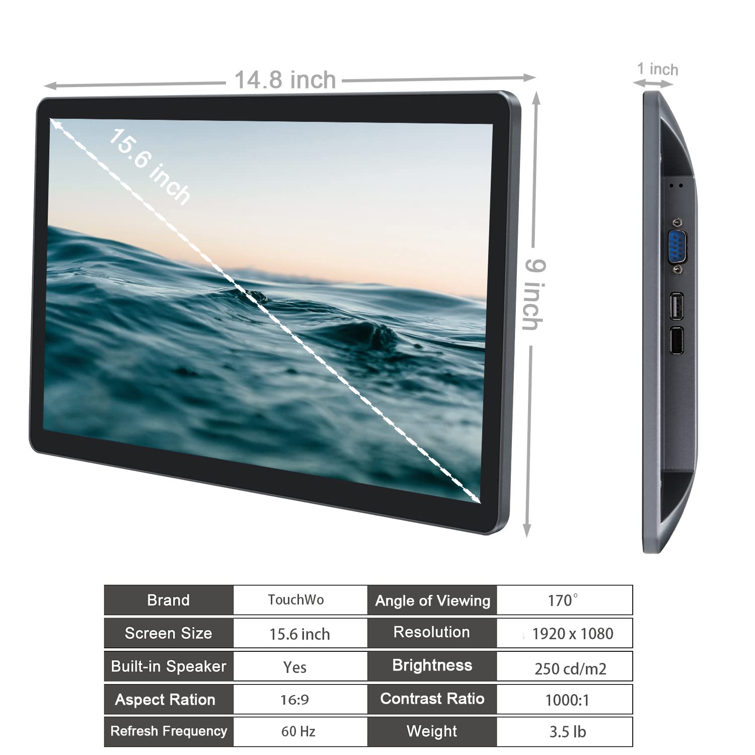 TouchWo 15.6 inch Touchscreen Monitor, Android All-in-One PC Touchscreen Computer, Built-in Speakers, WiFi & BT, RK3568 RAM 2G & ROM 16G, HD-MI Monitor for POS, Menu Screen, Digital Picture Fram