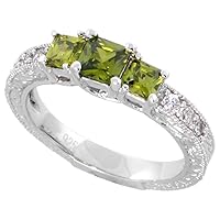Sterling Silver Square Peridot Cubic Zirconia Engagement Ring 3 Stone Princess 0.65 ct cntr, Sizes 6-9
