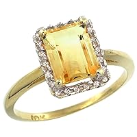 14K Yellow Gold Diamond Natural Citrine Ring Emerald-cut 8x6mm, sizes 5-10