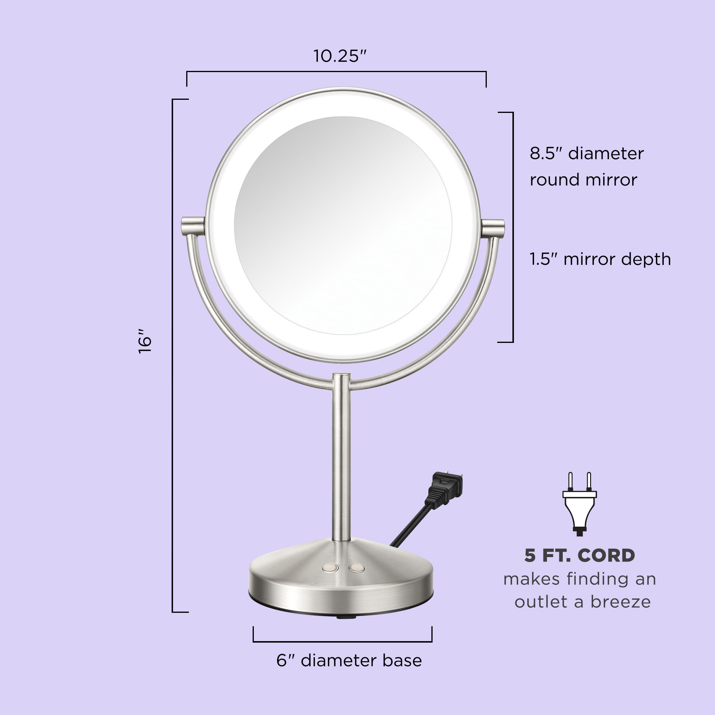 Conair Lighted Makeup Mirror, LED Vanity Mirror, 1X/10x Magnifying Mirror, Corded in Satin Nickel Finish