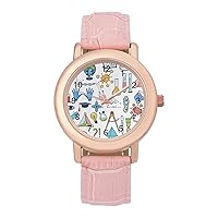 Science Or Chemistry Elements Womens Watch Round Printed Dial Pink Leather Band Fashion Wrist Watches