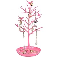 ChezMax Plastic Birds Tree Stand Jewelry Display Necklace Earring Bracelet Holder Organizer Rack Tower, Pink, 11.8 Inch