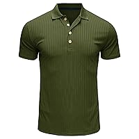 Mens Ribbed Knit Polo Shirts Muscle Collared Short Sleeve Lightweight Vintage Button Down Golf Tee