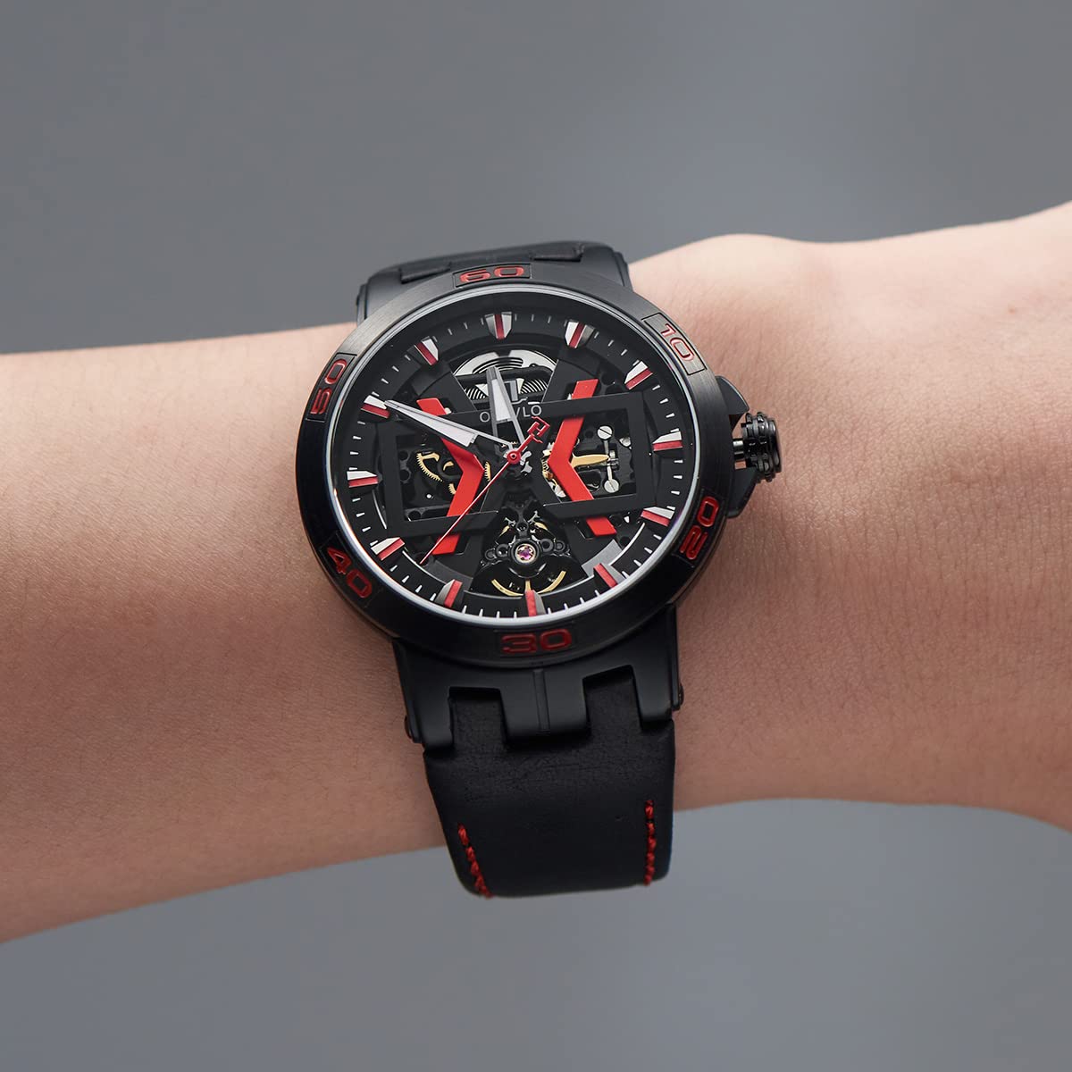 OBLVLO Design Black Skeleton Automatic Watches for Men Leather Strap Waterproof Military Watch Crazy Horse Leather Strap UM