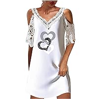 Cold Shoulder Dress for Women Crochet Lace V Neck Short Sleeve Tshirt Dress Summer Love Heart Print Short Mini Dresses