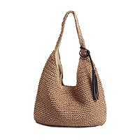 Hand-woven Soft Large Straw Shoulder Bag with Black Tassels Boho Straw Handle Tote Retro Summer Beach Bag Rattan Handbag