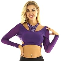 ACSUSS Womens Cutout Neckline with Shiny Rhinestones Long Sleeves Ballet Dance Crop Top Shirts