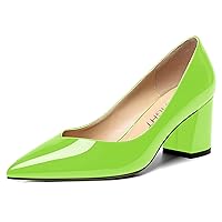 Womens Pointed Toe Dress Office Solid Slip On Patent Chunky Mid Heel Pumps Shoes 2.5 Inch