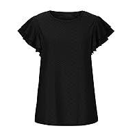 Womens Summer Tops Ruffle Short Sleeve T Shirts Eyelet Hollow Casual Blouse Solid Color Elegant Tunic Shirt Tees