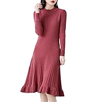 100% Merino Wool Autumn Women's Knee-Length Dress Round Neck Pleated Solid Color Dress