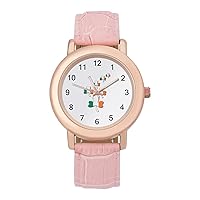Ireland Flag Shamrock Womens Watch Round Printed Dial Pink Leather Band Fashion Wrist Watches