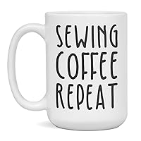 Jaynom Sewing Coffee Repeat Ceramic Mug for Women and Men, 15-Ounce White