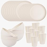 LIYH 32pcs Wheat Straw Dinnerware Sets,Dishes Set for 8,Beige Plates and Bowls Set,Reusable Plastic Plates,Dishwasher and Microwave Safe Plates,Unbreakable Dinnerware Set for 8