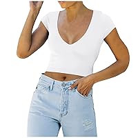 Clearance 2024 Sale Items Women Sleeveless Cropped Tank Tops Sexy Summer V Neck Vest Tee Trendy Y2K Crop T-Shirt Casual Workout Cami Shirt Today Deals 2024