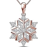 Round Cut D/VVS1 Diamond Snowflake Flower Pendant Necklace For Women's and Girls 14K Rose Gold Plated 925 Sterling Silver