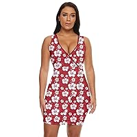 CowCow Womens Hawaii Hibiscus Tropical Flowers Floral Leaves Summer Party Draped Bodycon Dress, XS-5XL
