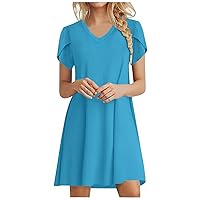 Women's Deep V Neck Soft fit Petal Sleeve Casual Mini Dress Summer Swing T Shirt Dresses Beach Cover up Sundresses