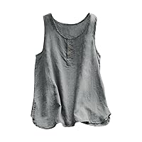 Cotton Linen Tank Tops for Women Scoop Neck Button Down Henley Shirts Summer Casual Sleeveless Loose Fit T-Shirt