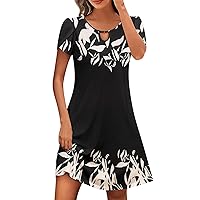 Women's Casual A-Line Dress Summer Vintage Floral Print Tshirt Dress Hollow Out Short Sleeve Mini Dres Flowy Sundress
