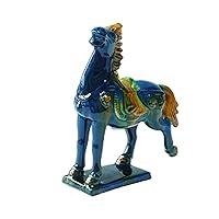 Tang Dynasty TriColor Horse Porcelain Sculpture Ceramic Horse- Handmade Cultural Art Piece in Bule for Home or Office Décor,Small size (Blue)