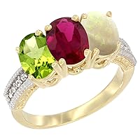 Silver City Jewelry 14K Yellow Gold Natural Peridot, Enhanced Ruby & Opal Ring 3-Stone Oval 7x5 mm, Size 9