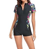Womens One Piece Swimsuit Short Sleeve Diving Suit Summer Beach Surfing Zipper Closure Trendy Print Siamese Swimwear