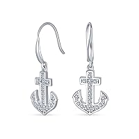 Exquisite Nautical Tropical Vacation Souvenir Jewelry Set - Boat Anchor Pendant, Dangle Stud Earrings & Necklace, Pave Cubic Zirconia CZ Accents, 925 Sterling Silver for Women and Teens