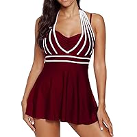 AONTUS Women's Sweatheart Neck Color Block Ruched Tankini and Skirted Swimsuit