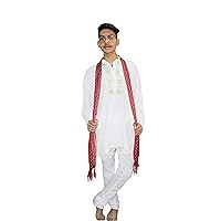 Indian Men's Silk Kurta Embroidered Shirt Pajama & Kurta Set White Color Loose Fit Tunic Plus Size