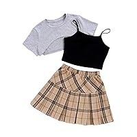 Verdusa Girl's 3 Piece Outfits Crop Cami Top and Plaid Print Pleated Skirt Set with Tee Top