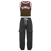 TiaoBug Kids Girls 2 Piece Hip Hop Jazz Dance Outfit Sleeveless Letter Print Crop Top and Cargo Pants Set Streetwear