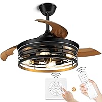 42Inch Retractable Ceiling Fans with Lights Remote Control Black Caged Ceiling Fans Farmhouse Vintage Industrial Ceiling Fan with Lights for Living Room Bedroom Kitchen Patio