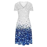 Women's Summer Midi Bodycon Dresses Short Sleeve Wrap V Neck Ruched Party Cocktail Dress Casual Wedding Guest Dress