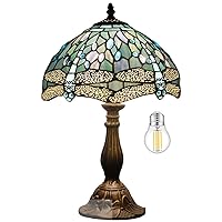 WERFACTORY Tiffany Lamp Sea Blue Stained Glass Table Lamp 12X12X18 Inches Dragonfly Style Desk Reading Light S147 Series