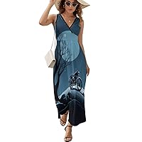 Motorcycle and Full Moon Women's Dress V Neck Sleeveless Dress Summer Casual Sundress Loose Maxi Dresses for Beach
