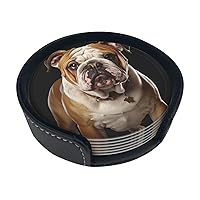 English-Bulldog Print Leather Coasters Set of 6 Waterproof Heat-Resistant Drink Coasters Round Cup Mat with Holder for Living Room Kitchen Bar Coffee Decor