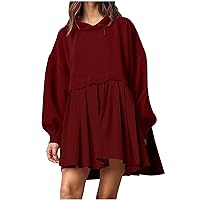 2024 Spring Hooded Sweatshirt Dress for Women Flowy Pleated Patchwork Hem Long SleeveSolid Oversized Mini Dresses