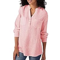 Women's Cotton Crop Tops V-Neck Longsleeve Plus Size Tank Career Bloues T Shirt Button Down Shirts, S-3XL