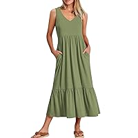 Sun Dresses for Women Casual Sexy Solid Color Round Neck Sling Loose Sleeveless Long Dress