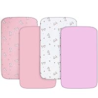 Bassinet Sheet 4 Pack for Baby Girls, Bassinet Sheets Universal Fit for Rectangle, Oval, Hourglass Bassinet Pad/Mattress, Stretchy Bassinet Sheets, Pink Print
