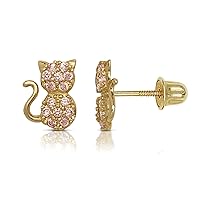 Jewelry Web Solid 14k Yellow Gold Round Cubic Zirconia Sitting Cat Screw-back Stud Earrings White, Purple or Pink (6x8mm)
