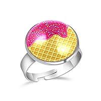 Strawberry Ice Cream Melted on Waffle Adjustable Rings for Women Girls, Stainless Steel Open Finger Rings Jewelry Gifts
