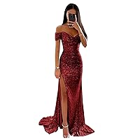 Sequin Prom Dresses for Women Off Shoulder Mermaid Formal Evening Gown with Slit Sparkly Long Party Dress