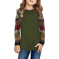 Girls Casual Long Sleeve Color Block Pullover Top Stripe Button Crewneck Loose Tunic T-Shirts Blouse Size 4-13 Year